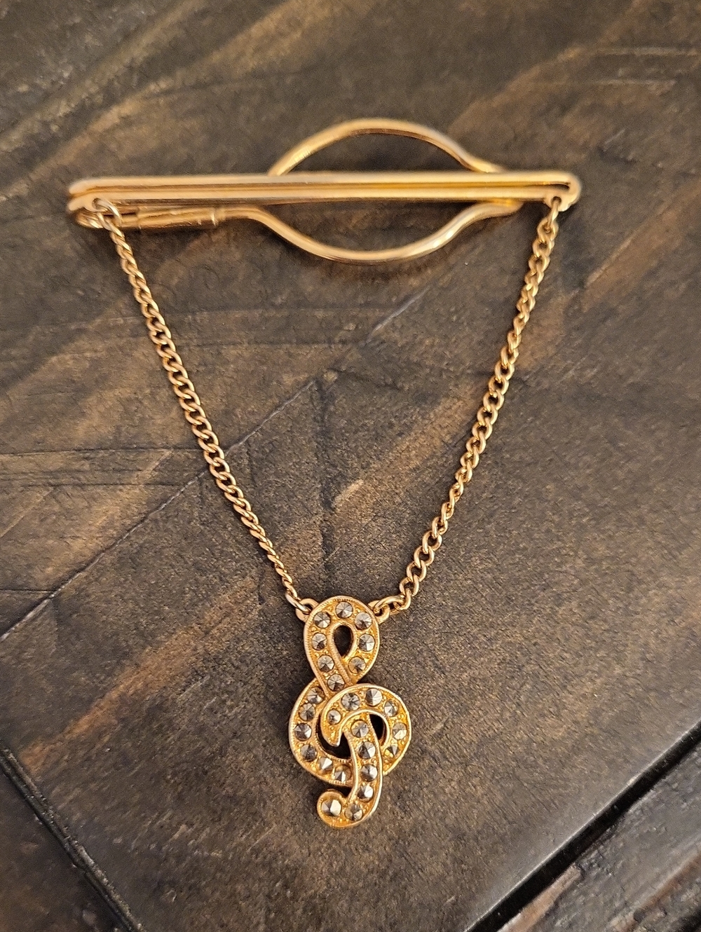 Vintage ORA Agnini Singer Rhinestone Treble Clef Tie Chain Clip Gold Tone
